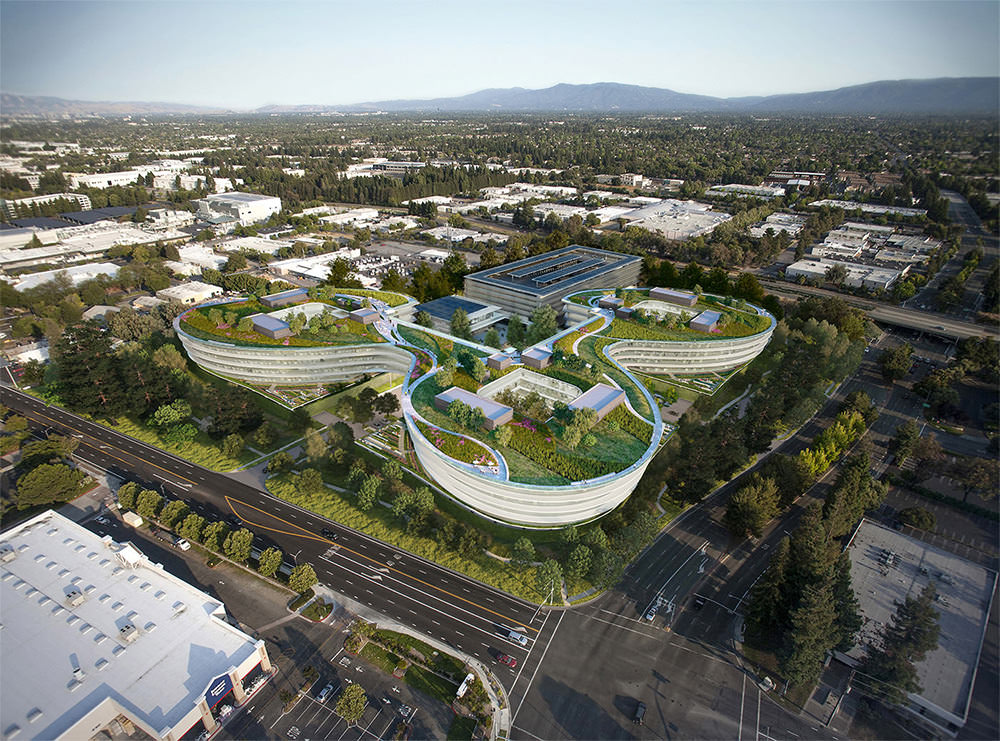 Aerial view of the Central & Wolfe campus green roof option
